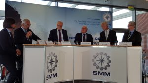 Vertreter der Diskussionsrunde bei der Pressekonferenz zur SMM: Bernd Aufderheyde, Thomas Rehder, Uwe Beckmeyer, Dr. Alexander Nürnberg, Dr. Reinhard Lüken