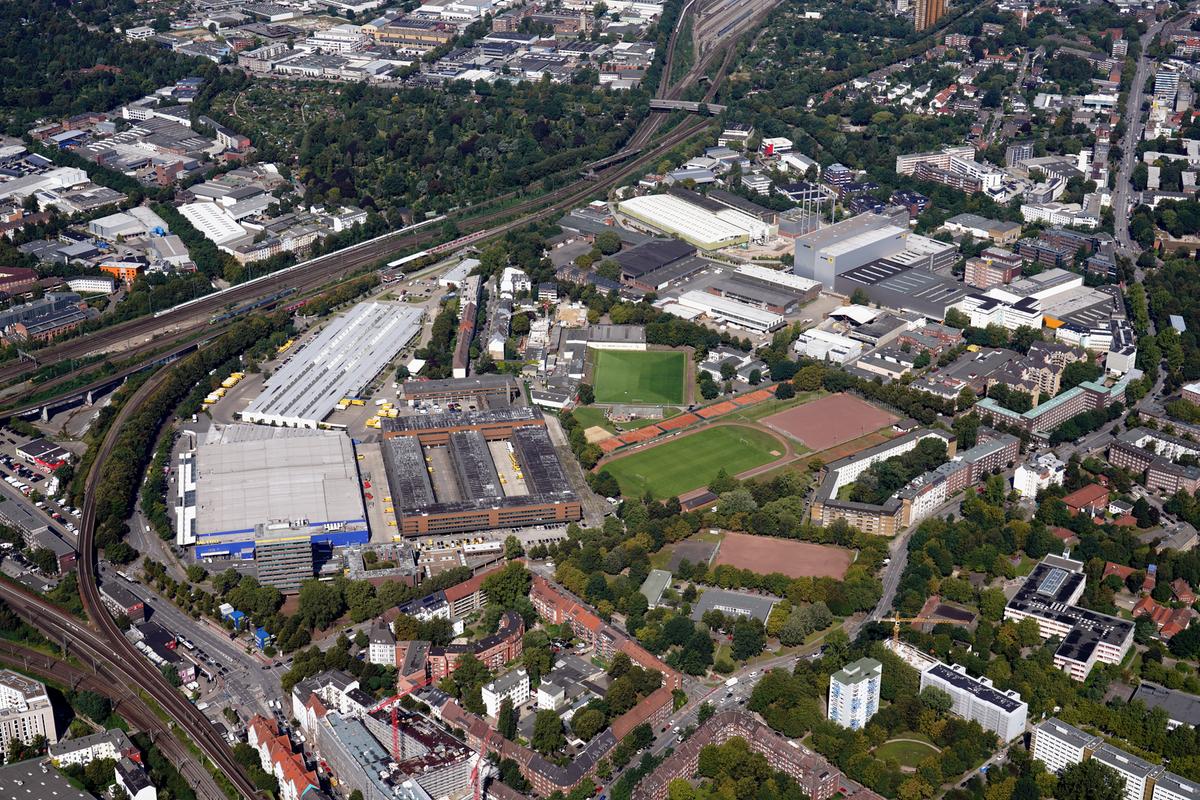 Schrägluftaufnahme mit Blick auf das zentrale Rahmenplangebiet am Diebsteich